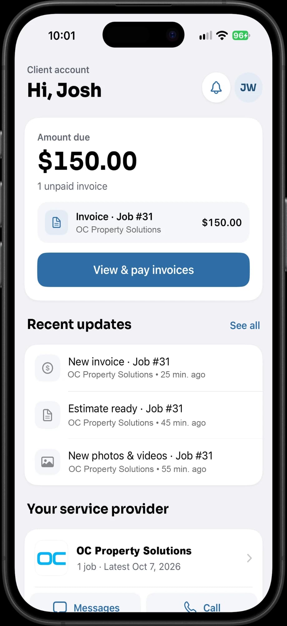 FieldOpsPro app — Client portal home screen
