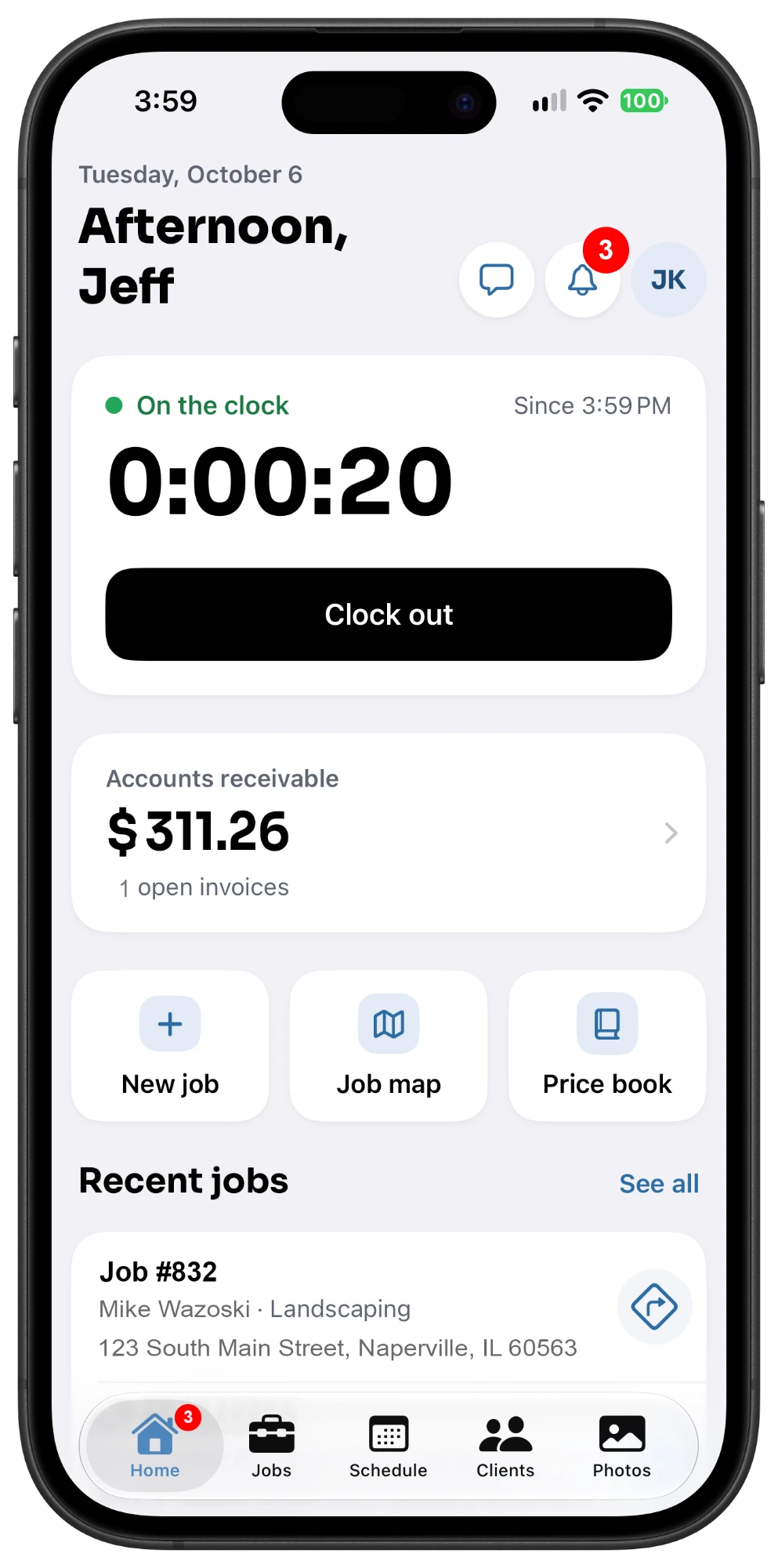 FieldOpsPro app — Crew home screen