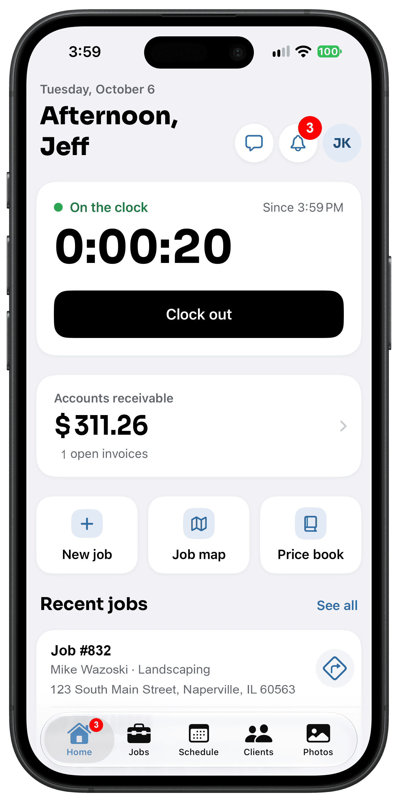 FieldOpsPro app — Home dashboard